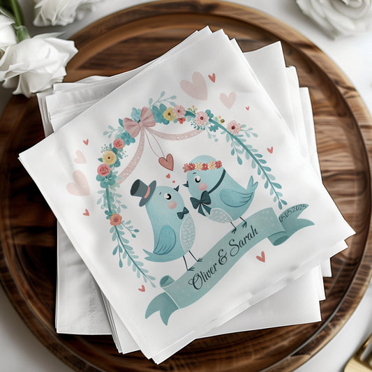 Custom Wedding Napkin with Lovebird Design and Names