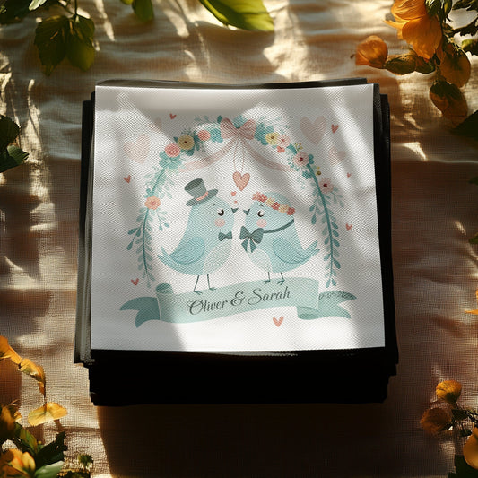 Custom Wedding Napkin with Lovebird Design and Names