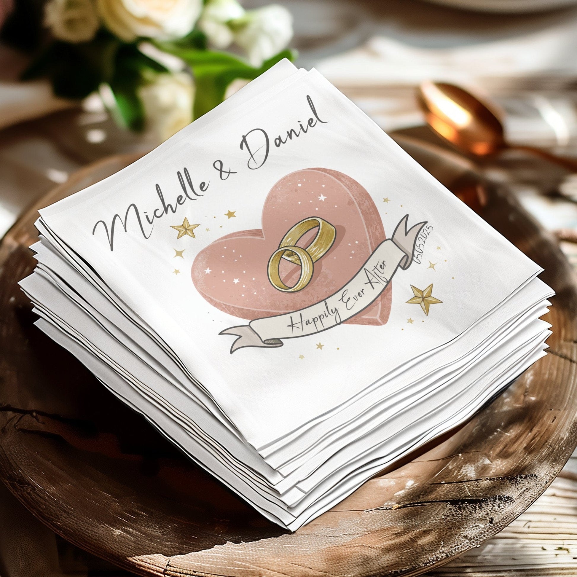 Personalized Wedding Napkin with Rings Design