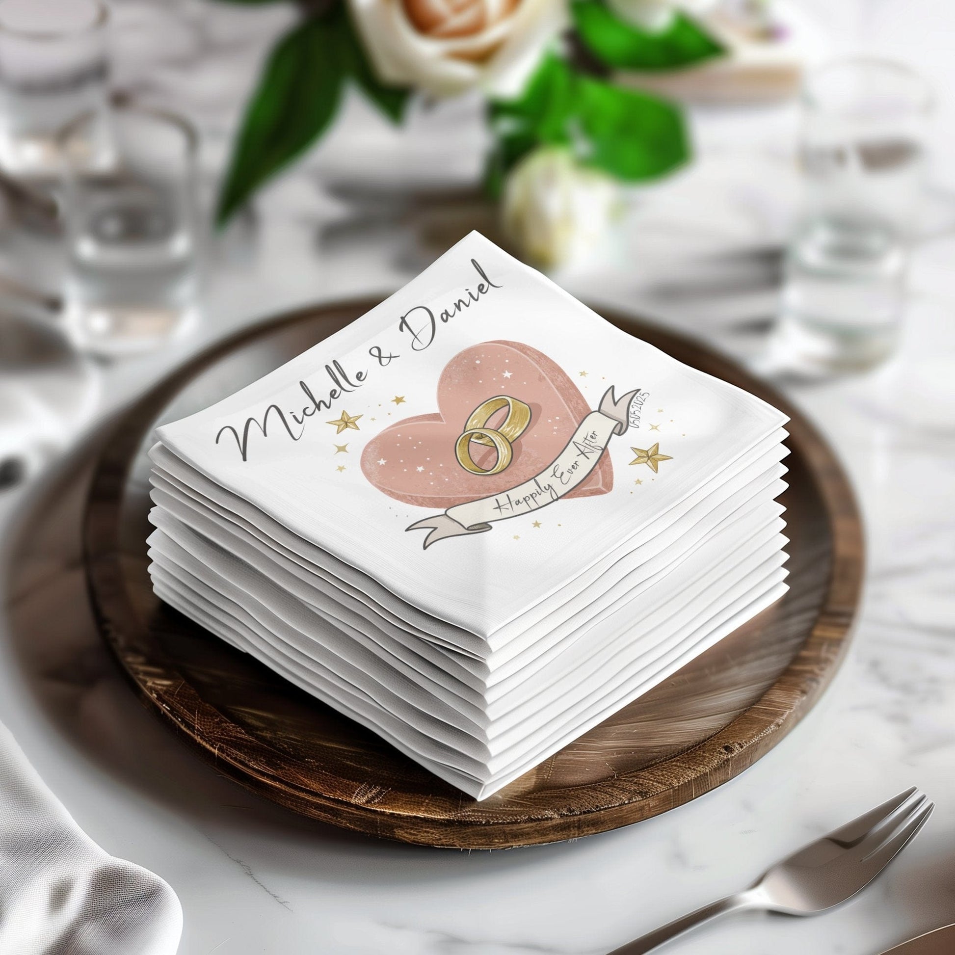 Personalized Wedding Napkin with Rings Design